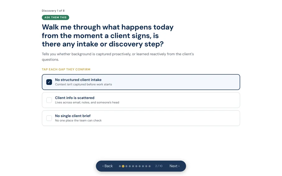 Discovery screen: an ask-them-this question with tappable gap cards, one flagged