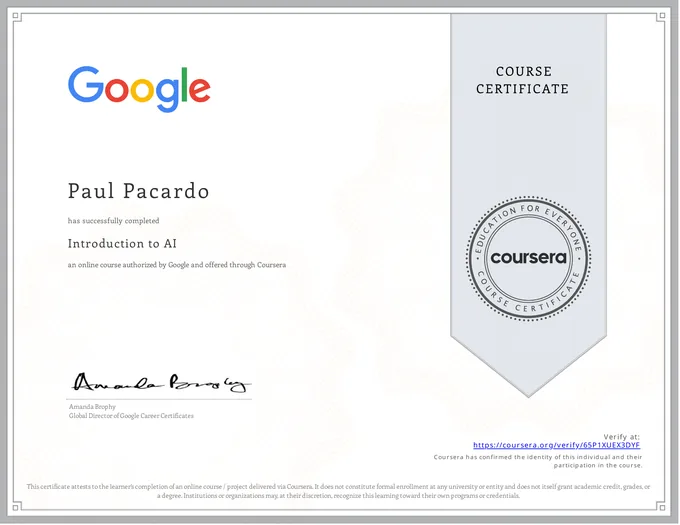 Certificate, Introduction to AI
