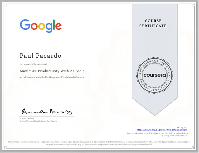 Certificate, Maximize Productivity With AI Tools