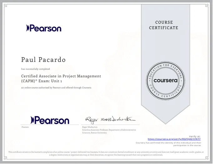 Certificate, Certified Associate in Project Management (CAPM) Exam: Unit 1