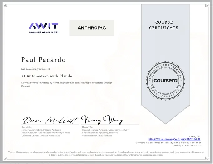 Certificate, AI Automation with Claude