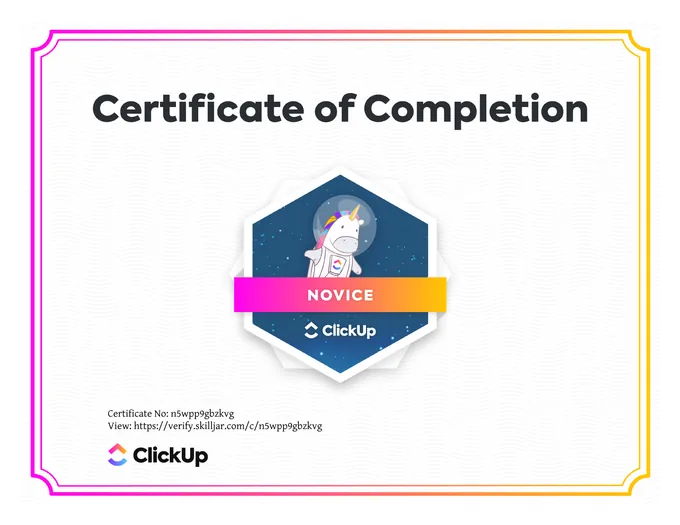Certificate, ClickUp Novice