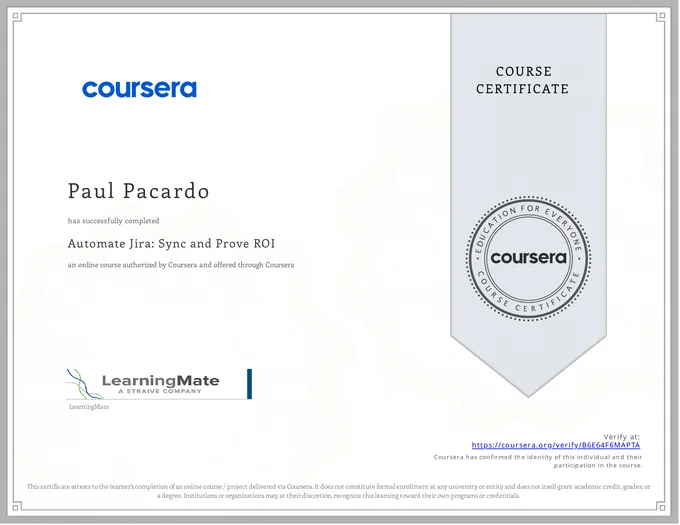 Certificate, Automate Jira: Sync and Prove ROI