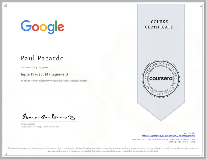Certificate, Agile Project Management