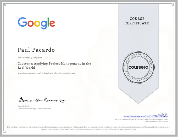 Certificate, Capstone: Applying Project Management in the Real World