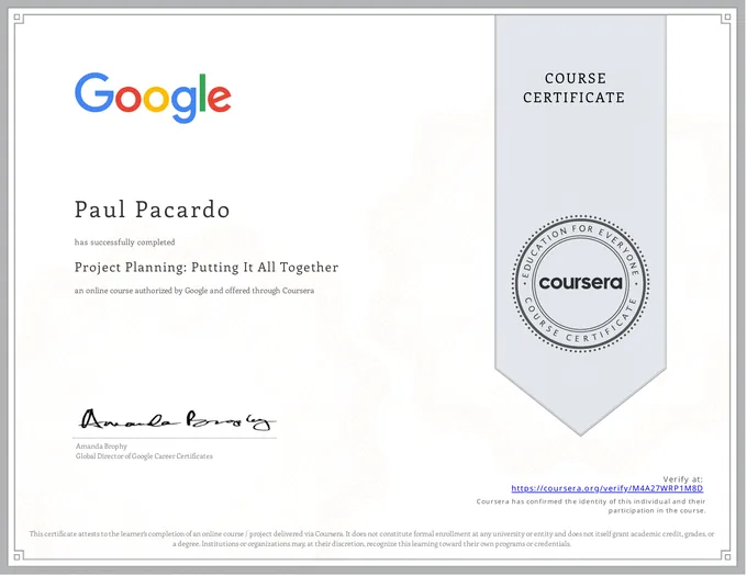 Certificate, Project Planning: Putting It All Together